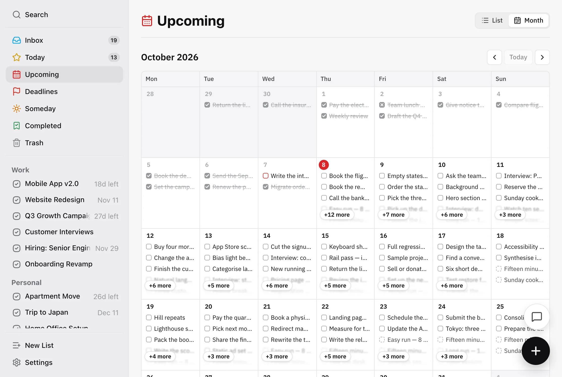 Upcoming in the Month layout for October 2026: finished tasks struck through on past days, one overdue task with a red box on 7 October, today circled on the 8th, and later days filled with tasks and dashed future repeats.